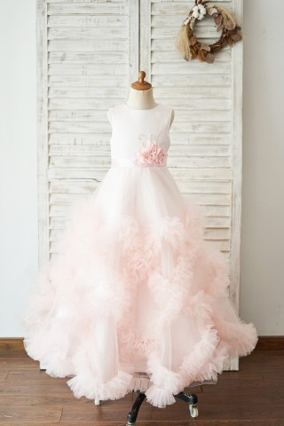 Pink Satin Tulle Keyhole Back Ruffles Wedding Flower Girl Dress