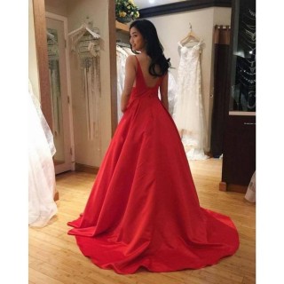 Red Satin Spaghetti Straps V Back Wedding Party Dress