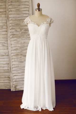  Sheer Illusion Neckline Chiffon Lace Wedding Dress
