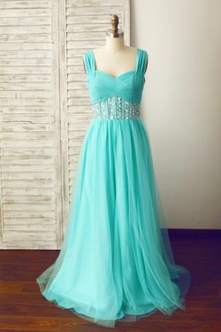 Blue Beaded Chiffon Tulle Prom Party Dress 