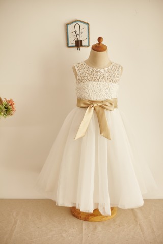 Ivory Lace Tulle Keyhole Back Wedding Flower Girl Dress with Belt