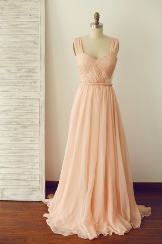 A Line Backless Peach Chiffon Prom Dress