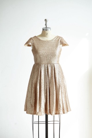 Cap Sleeves Champagne Gold Sequin Short Prom Party Cocktail Dress
