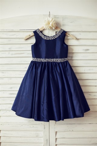 Beaded Navy Blue Taffeta Flower Girl Dress