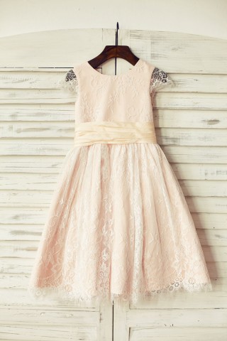 Blush Pink Satin Ivory Lace Cap Sleeves Flower Girl Dress with peach sash