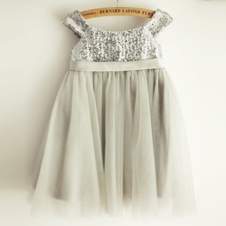 Silver Gray Sequin Tulle Straps Wedding Flower Girl Dress