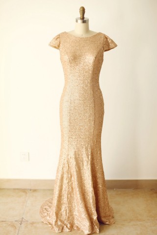Cap Sleeves Champagne Gold Sequin V Back Long Wedding Bridesmaid Dress 