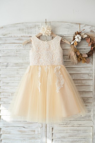 Ivory Lace Champagne Tulle Wedding Flower Girl Dress with Big Bow