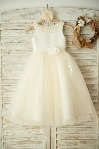 Ivory Satin Lace Champagne Tulle Wedding Flower Girl Dress with Pearls