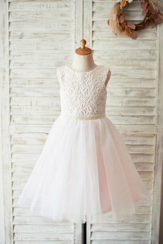 Ivory Lace Pink Tulle Open Back Wedding Flower Girl Dress with Pearls 