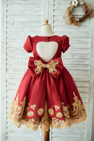 Red Satin Gold Lace Short Sleeves Keyhole Back Wedding Flower Girl Dress with Bow