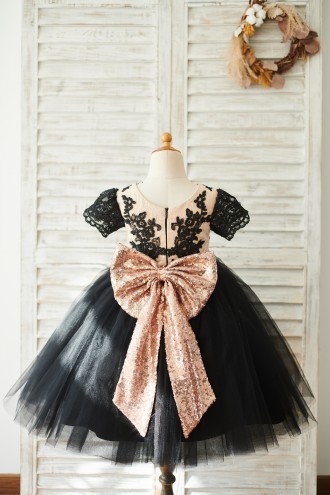 Princessly.com-K1003839-Black Lace Tulle Short Sleeves Wedding Flower Girl Dress with Sequin Bow-20