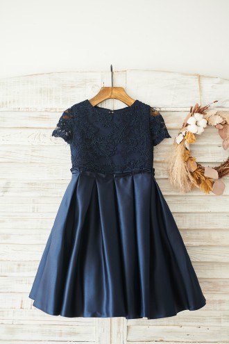 Princessly.com-K1003841-Navy Blue Lace Satin Short Sleeves Keyhole Back Wedding Flower Girl Dress-20