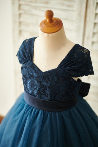 Princessly.com-K1003852-Navy Blue Lace Tulle Cap Sleeves Wedding Flower Girl Dress with Bow-20