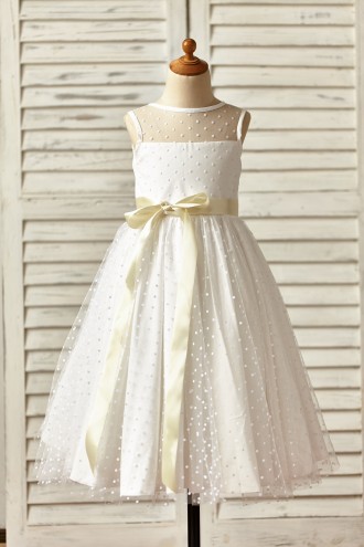 Princessly.com-K1000149-Sheer Neck Polka Dot Tulle Flower Girl Dress with champagne sash-20