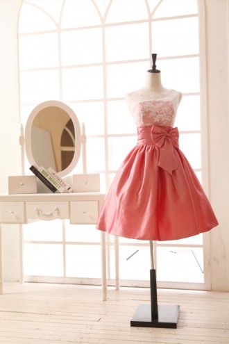 Princessly.com-K1001958-Coral Lace Taffeta Bridesmaid Dress in knee Short Length-20