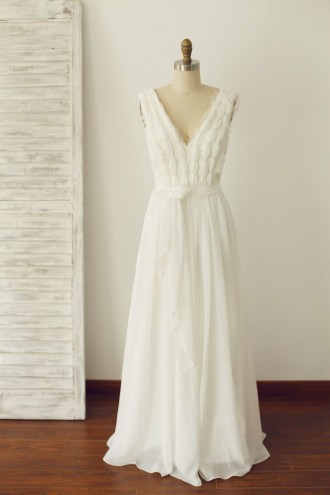 Princessly.com-K1000215-V Neck Ivory Lace Chiffon Wedding dress Bridal Gown-20