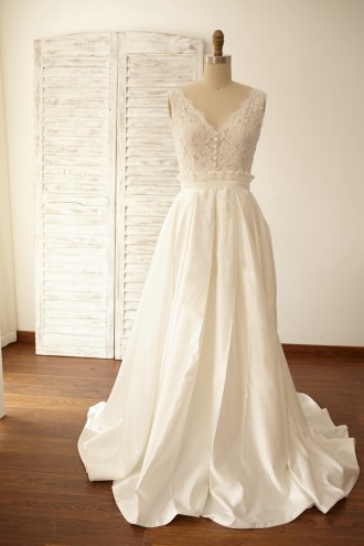 Princessly.com-K1000059-Deep V Back Lace Satin Wedding Dress Bridal Gown-20