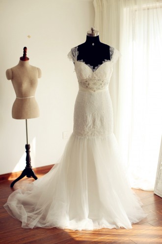 Princessly.com-K1000237-Cap Sleeves Ivory Lace Tulle Mermaid Wedding Dress-20