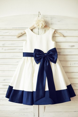 Princessly.com-K1000160-Ivory Satin Flower Girl Dress with navy blue belt/bow-20