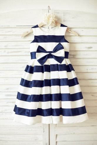 Princessly.com-K1000188-Ivory Navy Blue Stripes Satin Flower Girl Dress with bow-20