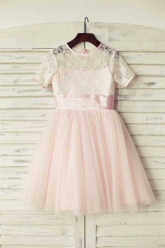 Princessly.com-K1000163-Short Sleeves Pink Lace Tulle Flower Girl Dress-20