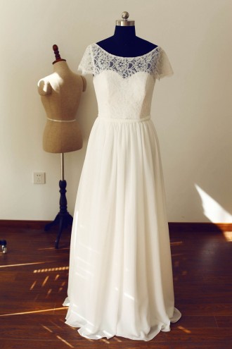 Princessly.com-K1000248-Short Sleeves See Through Back Ivory Lace Chiffon Wedding Dress-20