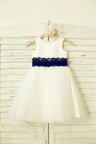 Princessly.com-K1000205-Ivory Satin Tulle Flower Girl Dress with navy blue Lace sash-20