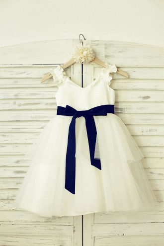 Princessly.com-K1000197-V Neck Ivory Satin Tulle Flower Girl Dress with navy blue sash-20