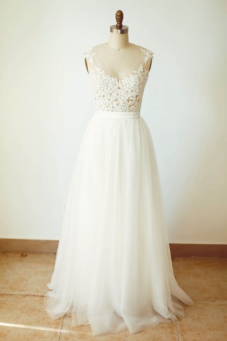 Princessly.com-K1000250-Sheer Tulle Lace Tulle Wedding Dress V Back Bridal Gown-20