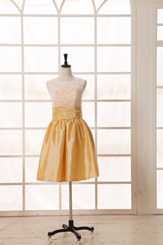 Princessly.com-K1001957-Vintage Ivory Lace Yellow Taffeta Bridesmaid Dress knee Short Length-20