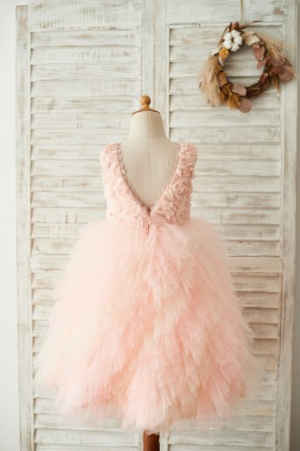 Princessly.com-K1003670-Pink Rosette Tulle V Back Wedding Flower Girl Dress-20