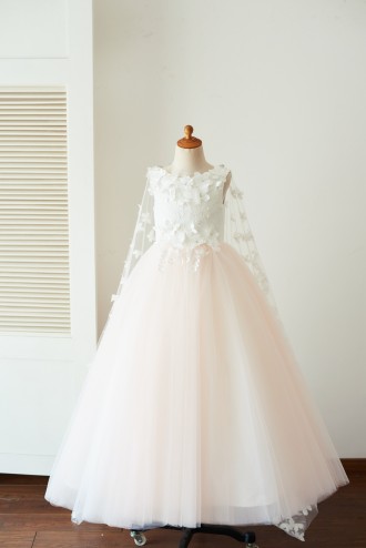 Princessly.com-K1003655-Ivory Lace Pink Tulle Wedding Party Flower Girl Dress with Butterfly Cape-20