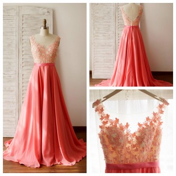 Princessly.com-K1003263-A Line Coral Chiffon Lace Illusion V Back Prom Evening Dress with Chapel Train-20