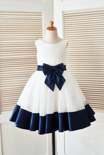 Princessly.com-K1003398-Ivory Satin Tulle Flower Girl Dress with Navy Blue Belt\Bow-20