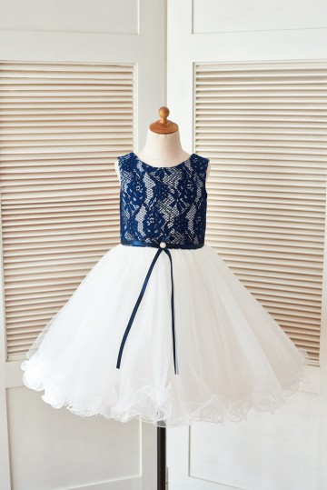 Princessly.com-K1003399 Navy Blue Lace Ivory Tulle Wedding Flower Girl Dress with Curly Hem-20