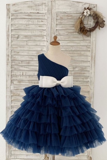 Princessly.com-K1004165-One Shoulder Navy Blue Cupcake Tulle Wedding Flower Girl Dress Kids Party Dress-20