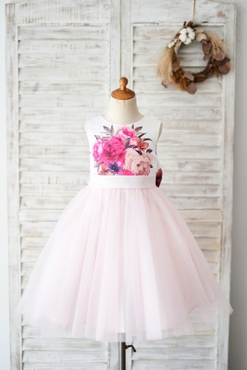 Princessly.com-K1004031-Floral Print Satin Pink Tulle V Back Wedding Flower Girl Dress-20