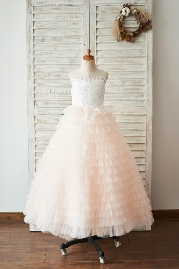 Princessly.com-K1004048-Ivory Lace Peach Pink Cupcake Tulle Keyhole Back Wedding Flower Girl Dress-20