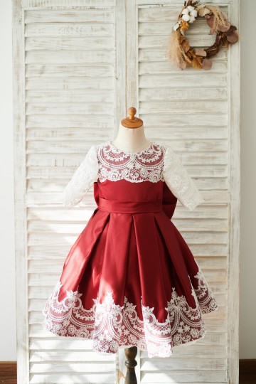 Princessly.com-K1003837-Burgundy Satin Ivory Lace Long Sleeves Wedding Flower Girl Dress with Bow-20