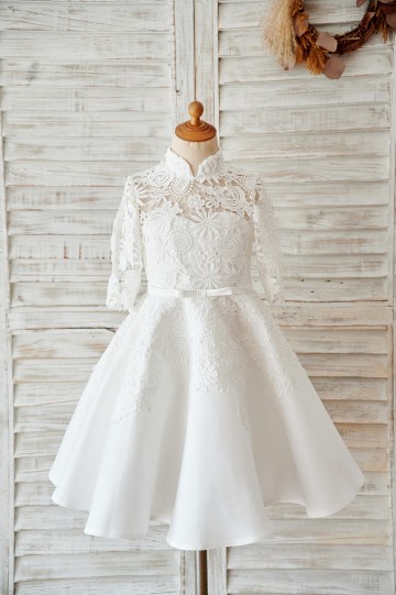 Princessly.com-K1003973-Ivory Lace Satin High Neck Long Sleeves Wedding Flower Girl Dress-20
