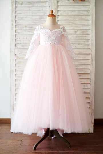 Princessly.com-K1003815-Ball Gown Long Sleeves Pink Lace Tulle Wedding Flower Girl Dress with Train-20
