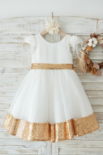 Princessly.com-K1003909-Ivory Satin Tulle Gold Sequin Cap Sleeves Flower Girl Dress with Feather-20