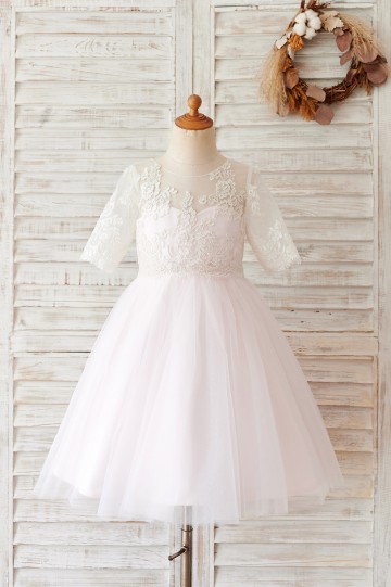 Princessly.com-K1004058-Ivory Lace Pink Tulle Short Sleeves Wedding Flower Girl Dress-20
