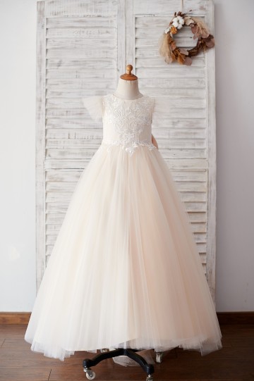 Princessly.com-K1003882-Ivory Lace Champagne tulle Ruffle Sleeves Sheer Back Wedding Flower Girl Dress-20