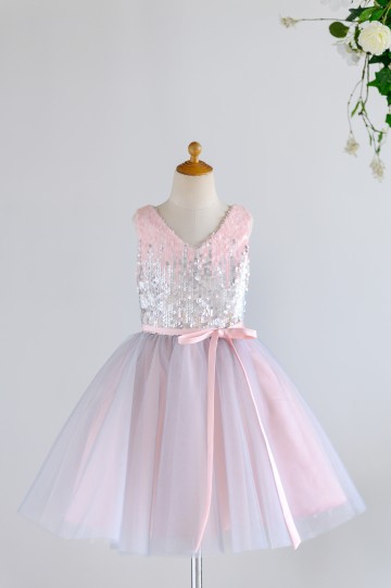 Princessly.com-K1003982-Pink Silver Gray Sequin Tulle V Neck Wedding Flower Girl Dress-20