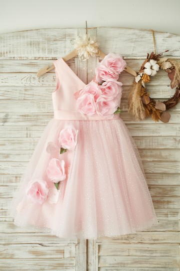 Princessly.com-K1003847-V Neck Pink Satin Tulle Wedding Party Flower Girl Dress-20