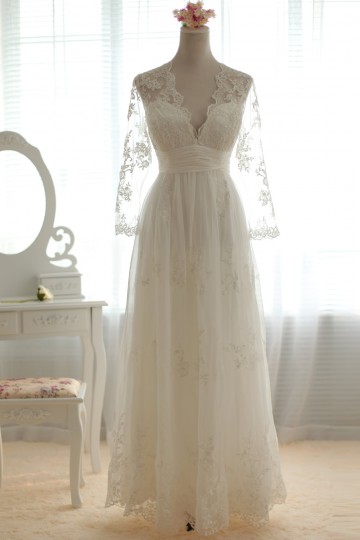 A-line Scalloped V-neck Sheer Long Sleeves Empire Waist Pleated Sweep Lace Wedding Dress