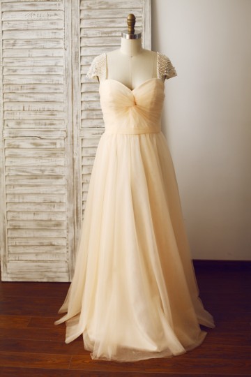 Princessly.com-K1003332 Champagne Tulle Beaded Cap Sleeves Prom Party Dress-20