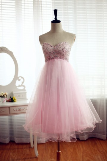 Princessly.com-K1001934-Strapless Pink Tulle Bridesmaid Dress Prom Dress Beading Dress Knee Length Short Dress-20